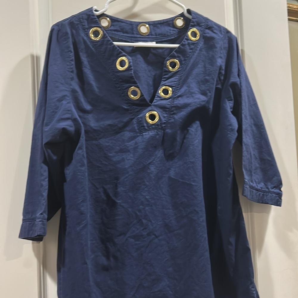MICHAEL Michael kors goldTone eyelets applique swim coverup 3/4 sleeve semiSheer